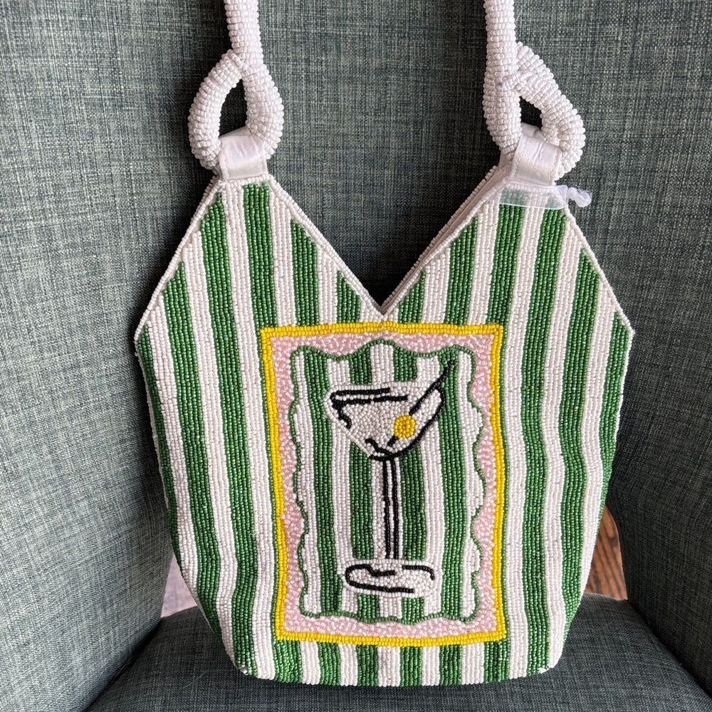 Beaded Martini Green White purse Tote Bag handle bag Vacation Women’s NWT preppy - Picture 2 of 10